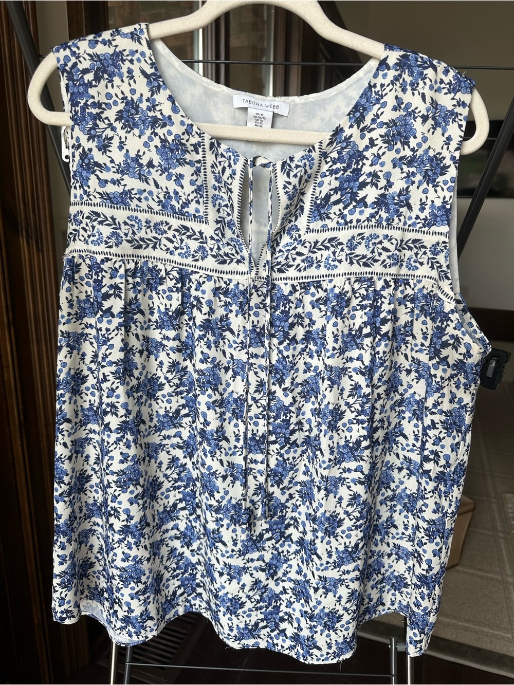 Tabitha White and Blue Floral Tie-Neck Sleeveless Top